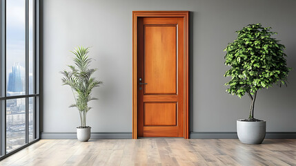 Modern Interior Design 3D Illustration: Wooden Door, Plants, City View