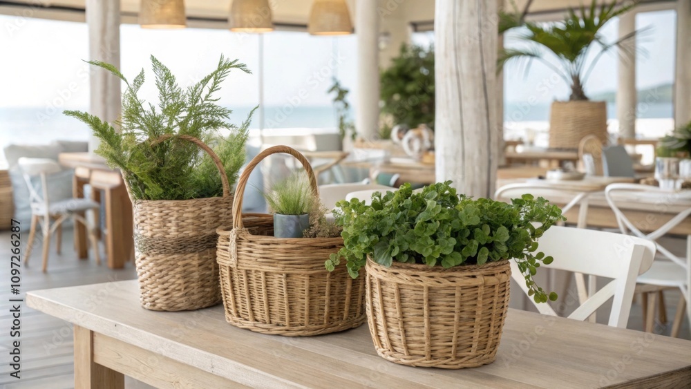 Poster subtle greenery in woven baskets adds a touch of life effortlessly complementing the coastal decor w