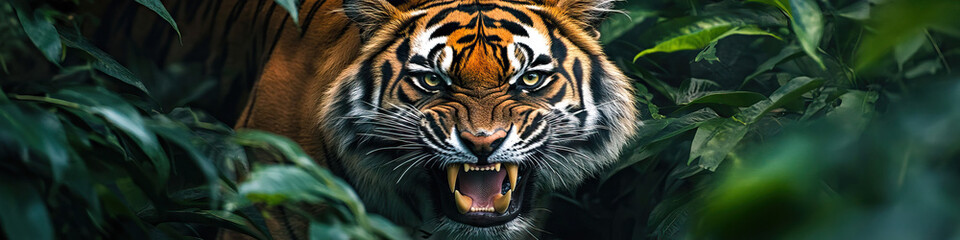 Fototapeta premium A snarling tiger, teeth bared, standing defiantly amidst lush green foliage.