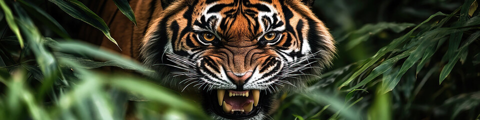Fototapeta premium A snarling tiger, teeth bared, standing defiantly amidst lush green foliage.