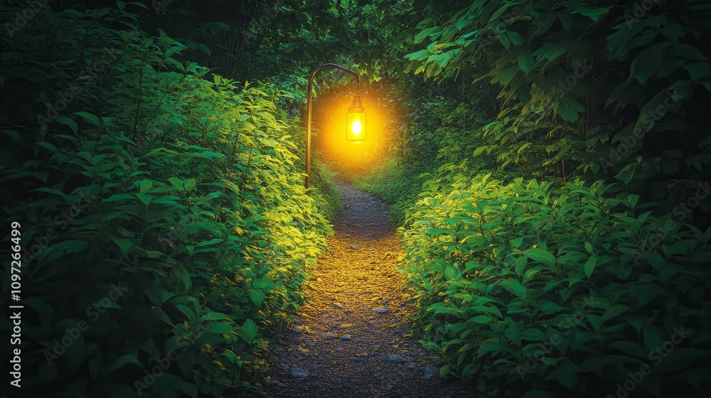Poster a path through a dense forest illuminated by a single lamppost, casting a warm glow on the ground an
