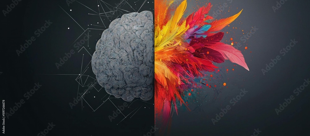 Poster Creative representation of a brain split into two halves, with one side in grayscale symbolizing logic and the other in vivid colors symbolizing creativity and emotions.