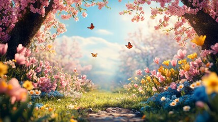 A picturesque path leads through a vibrant spring meadow, adorned with blooming flowers and fluttering butterflies under a sun-drenched sky.