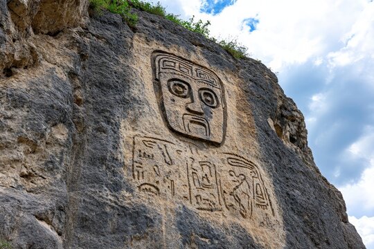 A vibrant depiction of Azerbaijan Gobustan petroglyphs, carved into ancient rocks under a sunny sky