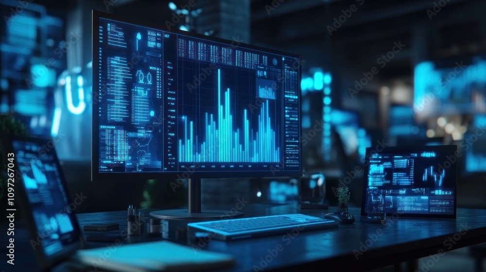 Aufkleber A modern workspace featuring multiple screens displaying data analytics and graphs.