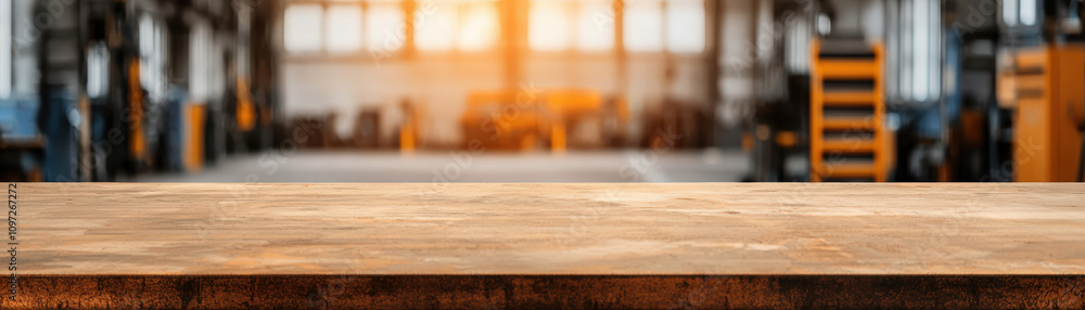 Poster equipment workshop background concept. a wooden table with a warm glow in a spacious industrial sett