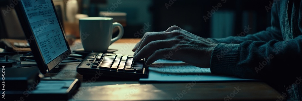 Aufkleber a person typing on a keyboard beside a cup of coffee in a dimly lit workspace.