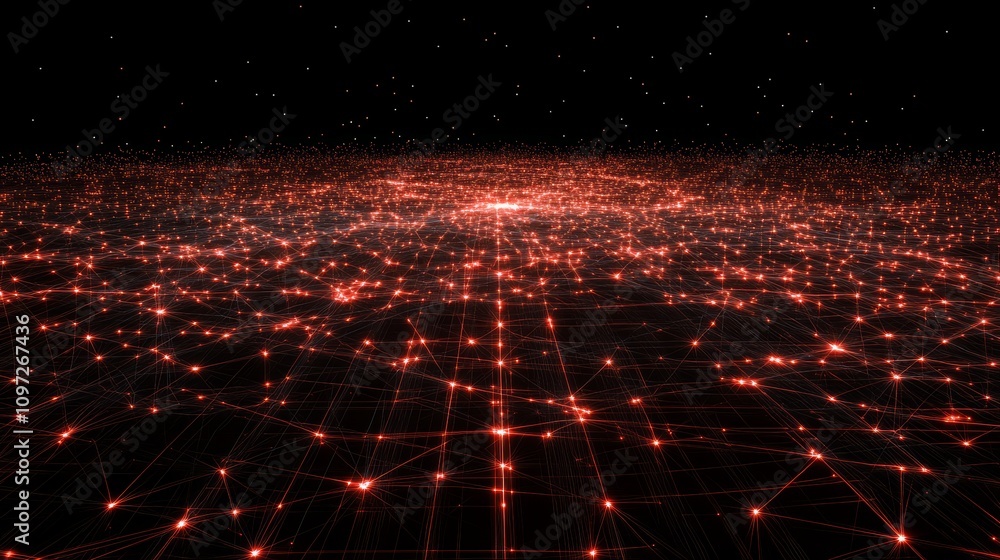 Poster a red and black abstract grid of glowing dots, creating a futuristic and digital feel.