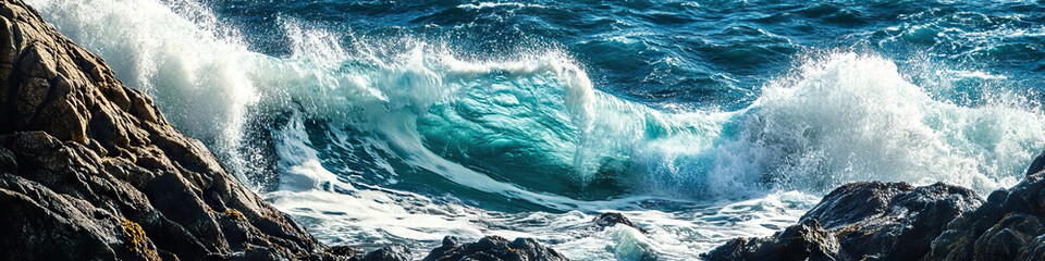 Obraz premium Waves of the Sea: A vast ocean, with white-capped waves crashing against jagged rocks.