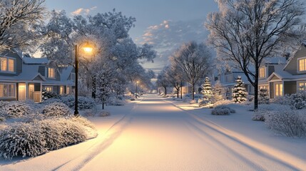 A quiet suburban street covered in fresh snow at dusk with streetlights casting a warm glow.