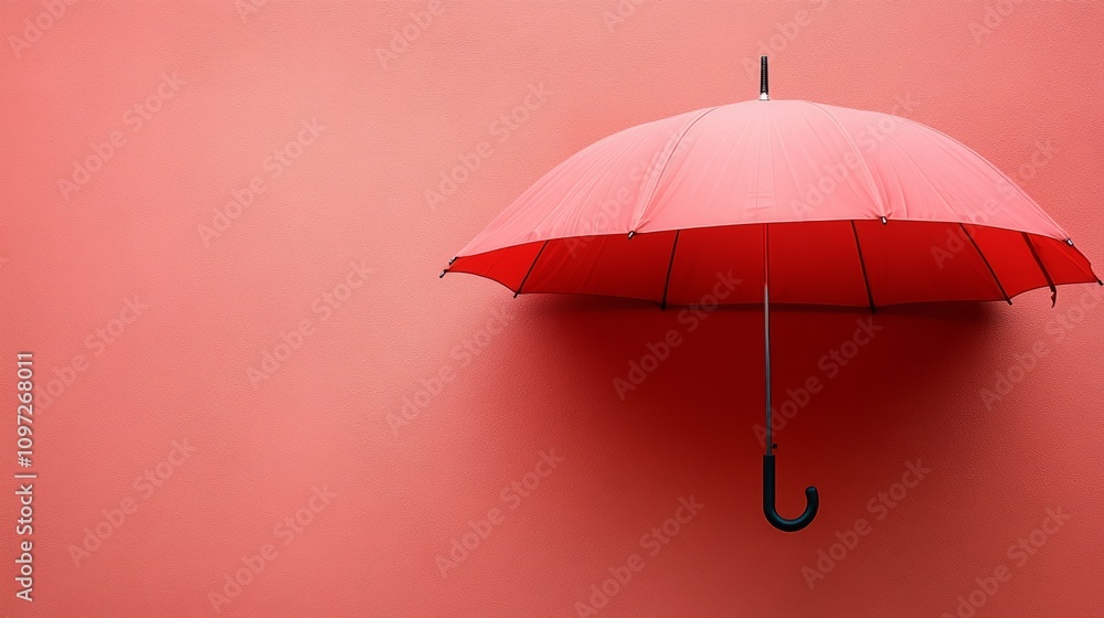 Poster a red umbrella with a black handle is hanging on a pink wall. there is copy space on the left side o