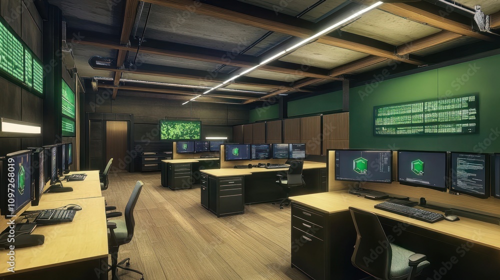Poster a modern office with multiple desks and computers, featuring a green wall and wooden floors.