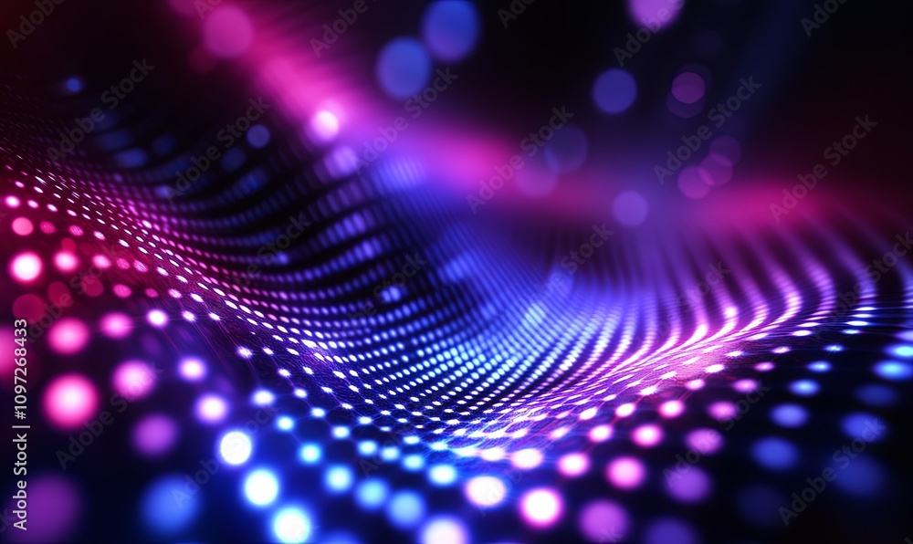Poster abstract background with vibrant pink and blue glowing particles, creating a wave-like pattern on a 