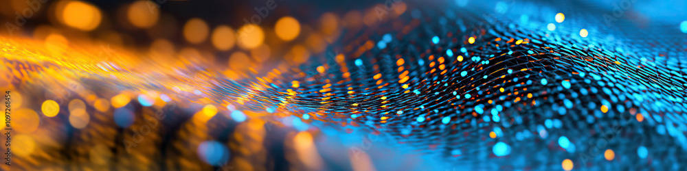 Poster a woven network of metallic wires, illuminated by hidden led lights, forming an intricate geometric 