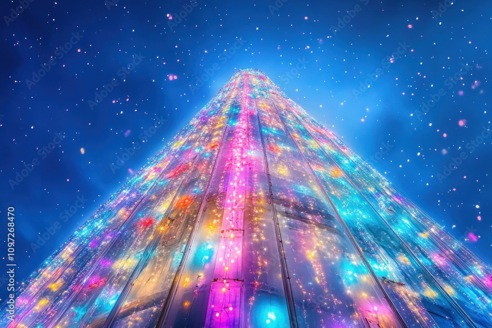 Poster a colorful, illuminated tower reaching into a starry sky, creating a festive atmosphere.