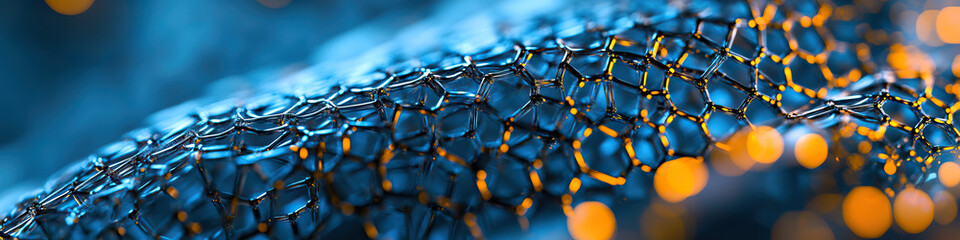 A woven network of metallic wires, illuminated by hidden LED lights, forming an intricate geometric pattern.