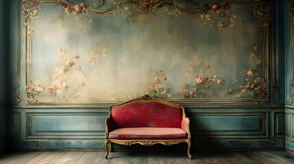 Vintage Floral Wall Background with Antique Sofa