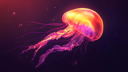 A glowing jellyfish floats gracefully through the dark ocean waters. Floating Jellyfish Glow. Illustration