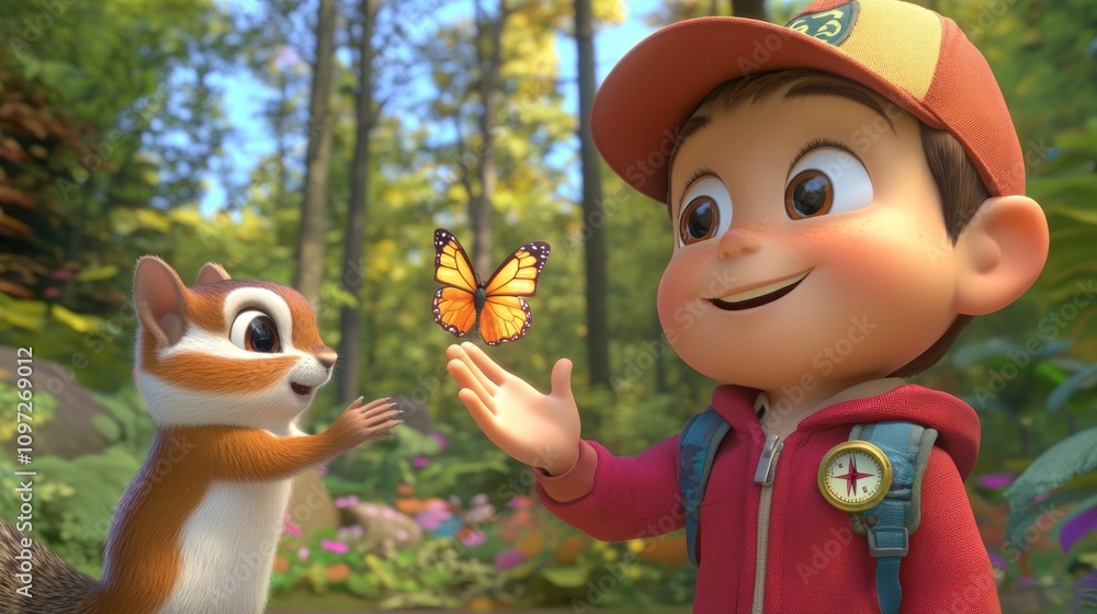 Poster a child and a squirrel interact with a butterfly in a vibrant forest setting.