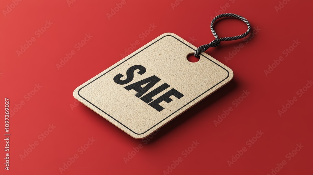 Poster a simple brown tag with a black string and the word 'sale' in bold black letters on a red background