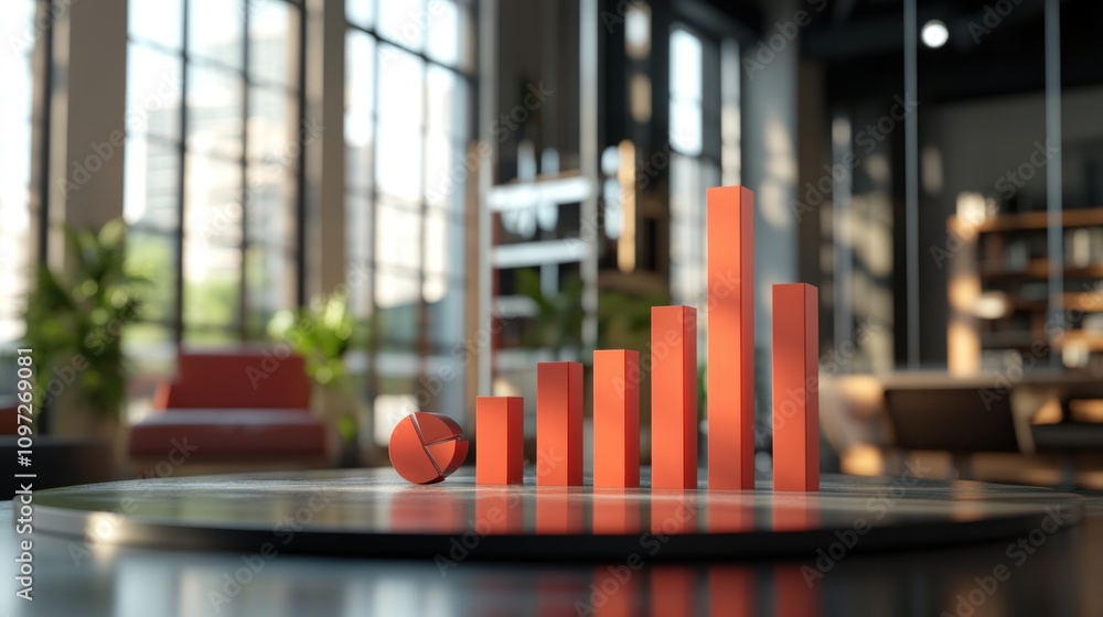 Poster a modern office setting featuring a growth chart with bars and a pie chart.