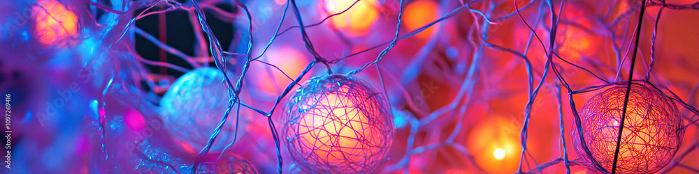 Aufkleber an intricate network of glowing string lights, weaving through various sculptures.