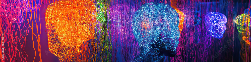 Aufkleber an intricate network of glowing string lights, weaving through various sculptures.