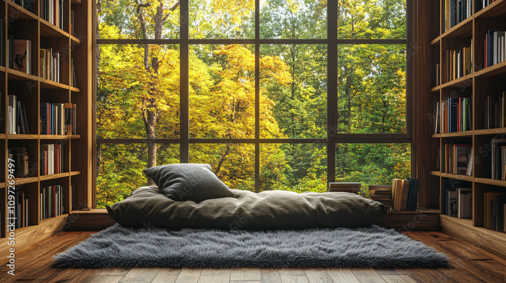 Poster cozy home library with a comfortable mattress and stunning autumn forest view, perfect for relaxatio