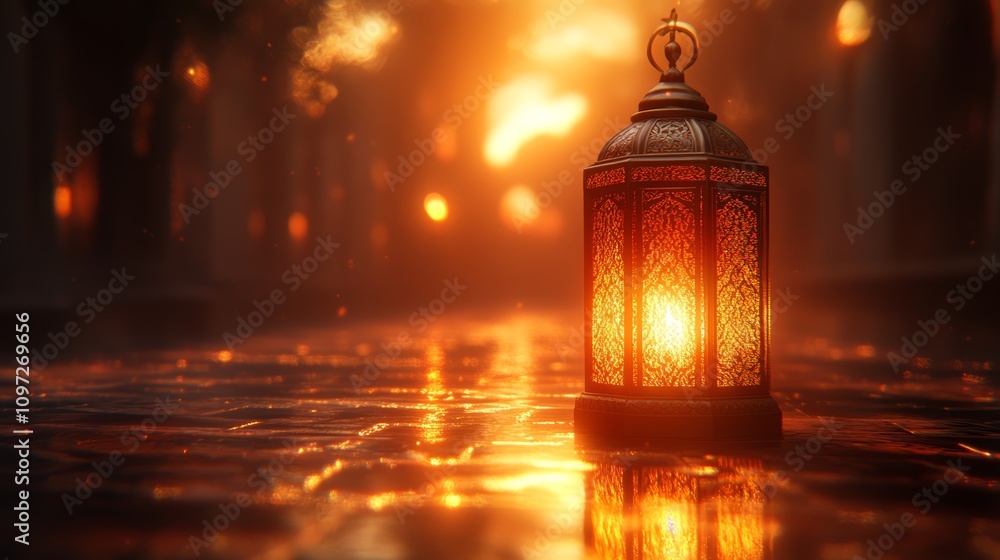 Poster a single ornate lantern glows brightly on a wet cobblestone path, casting a warm glow on the surroun