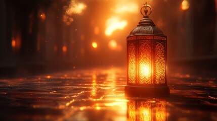A single ornate lantern glows brightly on a wet cobblestone path, casting a warm glow on the surrounding darkness.
