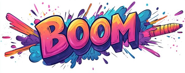 Colorful cartoon logo featuring the bold word BOOM with splashes