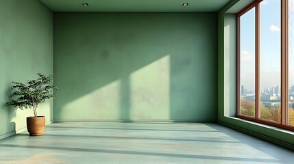 Empty Room 3D Render Green Walls Sunlight Plant
