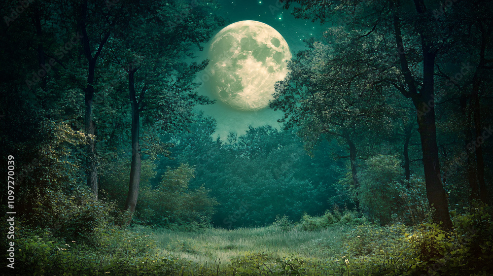 Poster bright full moon illuminating clearing in a mysterious forest at night, creating a magical atmospher