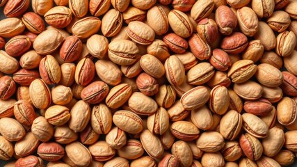 Close-up image of shelled and unshelled pistachios with varying textures and hues, snack, brown