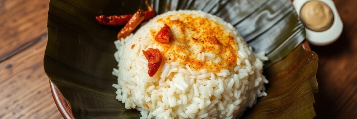 Close-up of traditional Indonesian culinary food, Nasi Rames rice wrapped in teak leaves, on wooden table, food photography, teak leaves