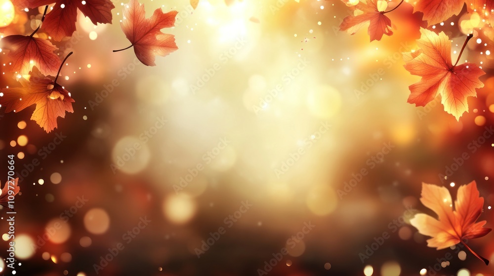 Poster Autumn leaves falling against a bokeh background with copy space.