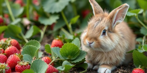 Cute brown rabbit enjoying strawberries on white background, fruits, delicious