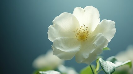 Obraz premium A single white rose bloom with soft blue background.