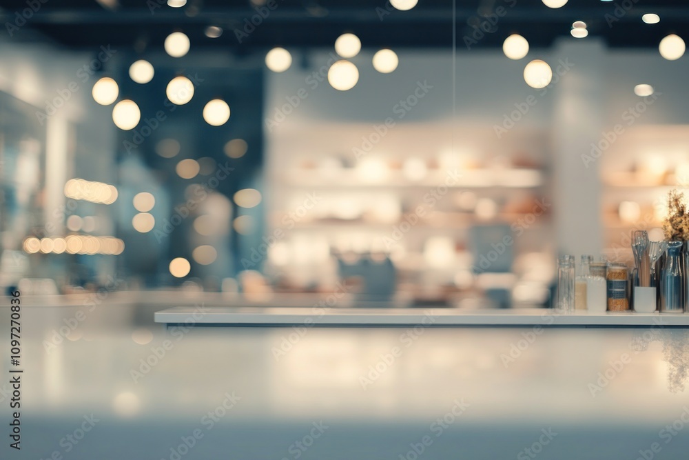 Poster blurred background of a modern cafe with white counter and warm lighting.