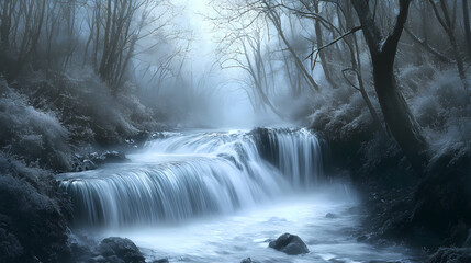 Obraz premium A river of liquid silver flows through a misty forest, liquid movement, abstract water, flowing river. Silver Misty Waterfalls. Illustration