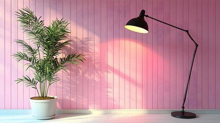 Pink Wall 3D Render with Plant and Lamp