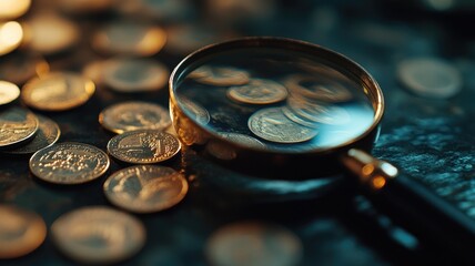 Magnifying glass over coins, highlighting financial analysis and close examination of money