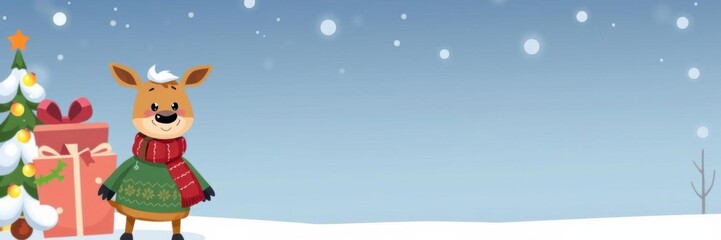 Fototapeta premium Cartoon deer dressed in a cozy winter scarf and sweater, looking festive and adorable, wild, furry