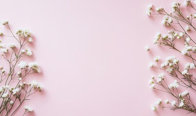 Obraz premium Delicate white flowers arranged symmetrically on a soft pink background, leaving ample space in the center.
