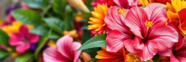 Fototapeta premium Close-up shot of a vibrant Hawaiian lei made from Hibiscus flowers and tropical plants, Hawaiian, lei