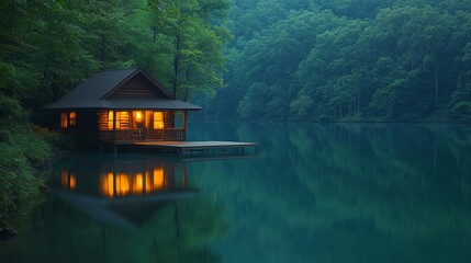Fototapeta premium A small wooden cabin with lights on sits on a wooden dock extending out over a calm lake, with a forest in the background.