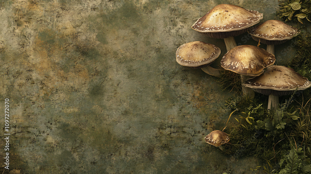 Poster cluster of mushrooms thrives on a textured, aged surface, providing an ideal backdrop with ample cop
