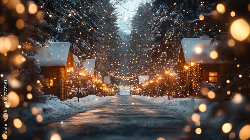 Aufkleber a snowy path lined with quaint wooden cabins, illuminated by warm string lights, creating a magical 