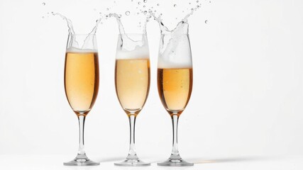 Five champagne glasses splashing with foam and bubbles on white background, party, splashing