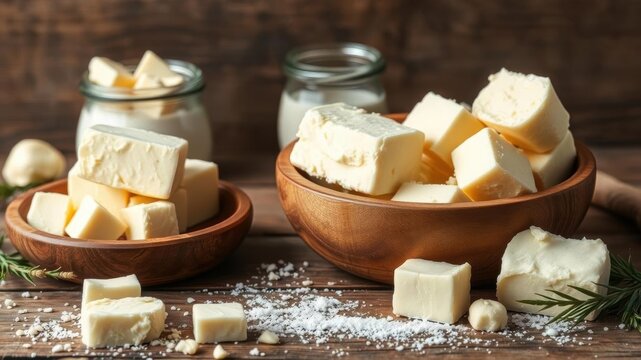 Fresh butter cubes sitting in a charming wooden bowl on a rustic table, wooden bowl, dairy